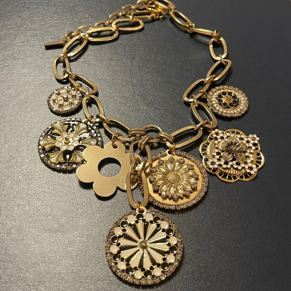 Tova Floral Charm Necklace with Gold white and black